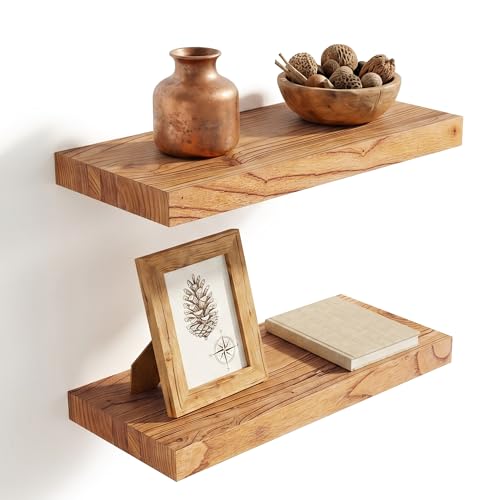 RICHFOCUS 20inch Natural Floating Shelves for Wall, 8" Deep High End Solid Real Wood Wall Shelves for Bathroom, Rustic Wooden Floating Shelves with Invisible Brackets for Books Storage Decor, Set of 2 - color: Natural, size: 20inch