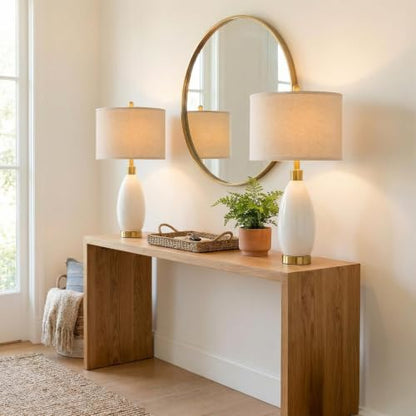 USumkky 24" White Oval Ceramic Table Lamp Set of 2, Modern Minimalist Bedside Nightstand Lamps for Bedroom Living Room, Linen Shade & Gold Metal Base, Rotary Switch E26 (Bulbs Excluded) - color: 24" Teardrop-2 Pack