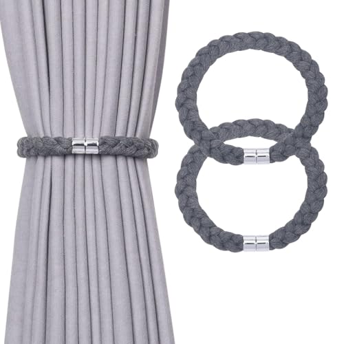 NICEEC 2 Pack Natural Cotton Rope Magnetic Curtain Tiebacks Elegant Twisted Braid Style Drape Tie Backs Soft Hand-Woven Rope Curtain Holdbacks for Home & Office Window Draperies (Dark Grey-01) - color: Dark Grey-01, size: 2 Pack