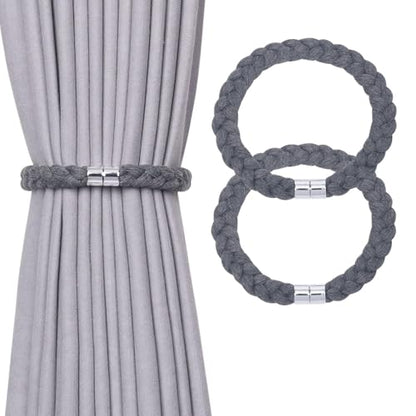 NICEEC 2 Pack Natural Cotton Rope Magnetic Curtain Tiebacks Elegant Twisted Braid Style Drape Tie Backs Soft Hand-Woven Rope Curtain Holdbacks for Home & Office Window Draperies (Dark Grey-01) - color: Dark Grey-01, size: 2 Pack