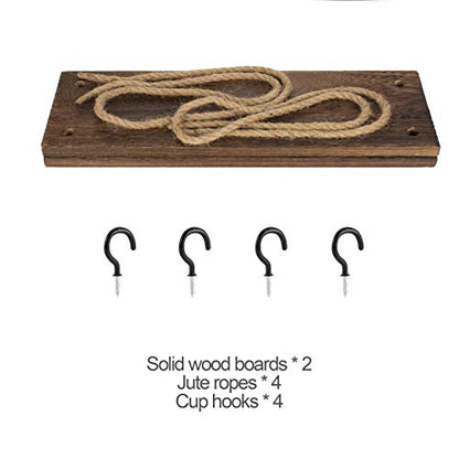 Rope Hanging Floating Shelves, Rustic Wood Wall Decor Swing Shelf with 4 Hooks, Pack of 2