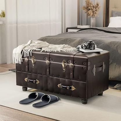 COZAYH Storage Bench, Mid-Century Faux Leather Ottoman, Bedroom, Dark Brown - color: Black Brown