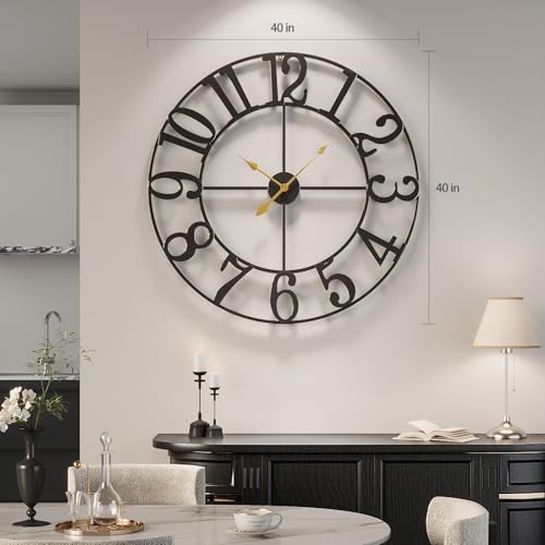 Cuspin Extra Large Wall Clock 40 Inch Black Metal Clock for Living Room - color: Black Arabic Number, size: 40 Inch