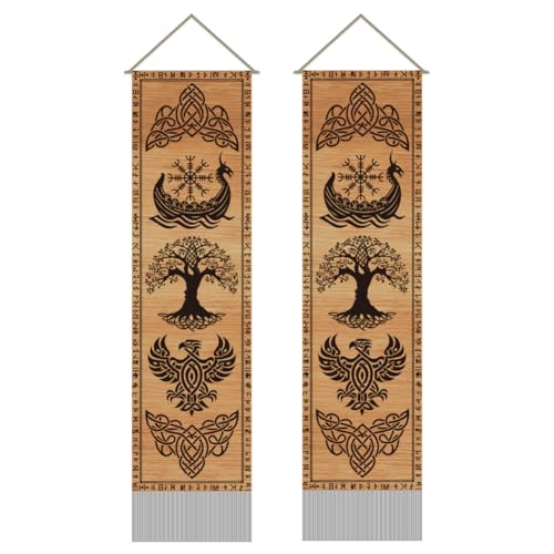 AHANDMAKER 2Pcs Vikings Wood Sign Tapestry, Tree of Life and Crow Long Vertical Tapestry Wall Hanging, Mythology Rune Tassel Wall Tapestries for Bedroom Living Room Office Decoration, 45.7x13 Inch - color: Mixed Color Tree