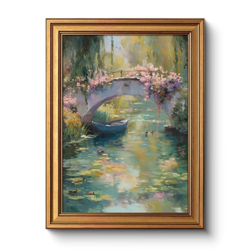 Vintage Classic Floral Bridge＆Pond Creek Gold Framed Wall Art 12x16 Inch - color: Flower Bridge and River, size: 16"L x 12"W