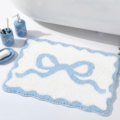 Tinideya Blue Bow Bathroom Rug 16" x 24" Scalloped Bow Bath Mat - color: Blue, size: 16" x 24" (Rectangular)
