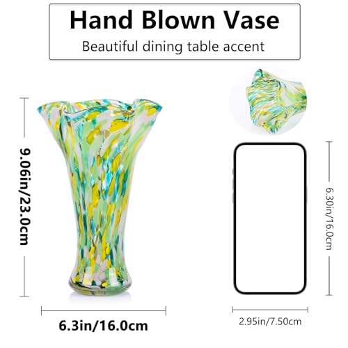 9.0" H Green Glass Vases for Flower, Unique Hand Blown Glass Vase - color: Green
