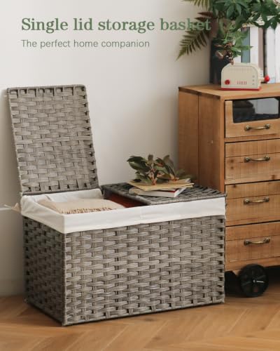 SETVSON Storage Basket with Lid PE Rattan 27.8 Gal Wicker Chest, Gray - color: Gray, size: 105L-25.2L*15.4W*16.1H