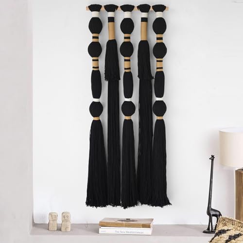 Macrame Wall Hanging Black Spherical Tassel Geometric Wall Art 15.7"W*39"L - color: Black1