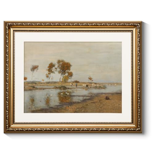 ARPEOTCY Vintage Gold Framed Wall Art Decor, 13x16 inch River Swale Cow Landscape Paintings, Vintage Room Decor, Canvas Prints Antique Frame Home Wall Art for Living Room Bedroom - color: River Landscape with Cows, size: 16"L x 13"W