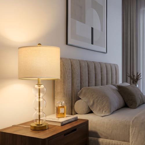 Oneach 25" Glass Table Lamps Set of 2, Gold Modern Table Lamps with USB Ports for Living Room, Linen Shade Bedside Lamps for Bedroom, Nightstand, Side Table (Bulbs not Included) - color: Gold