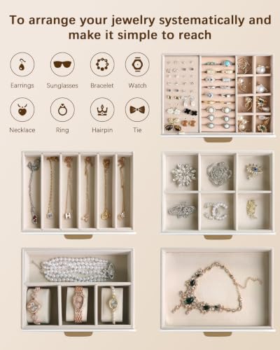 Homeanda Jewelry Boxes Organizer with Glass Lid, 5-Layer PU Leather, White - color: White, size: 5 Layer