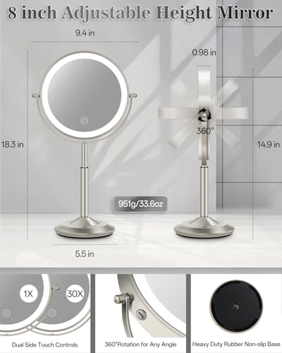8" Lighted Makeup Mirror with Light,30X Magnifying Height Adjustable Mirror - color: Brushed Nickel