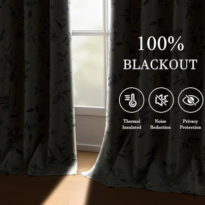 ChrisDowa 100% Blackout Floral Curtains 72 Inches Long 2 Panels,Grey/Beige - color: Grey on Beige, size: 52"W x 72"L (Pack of 2)