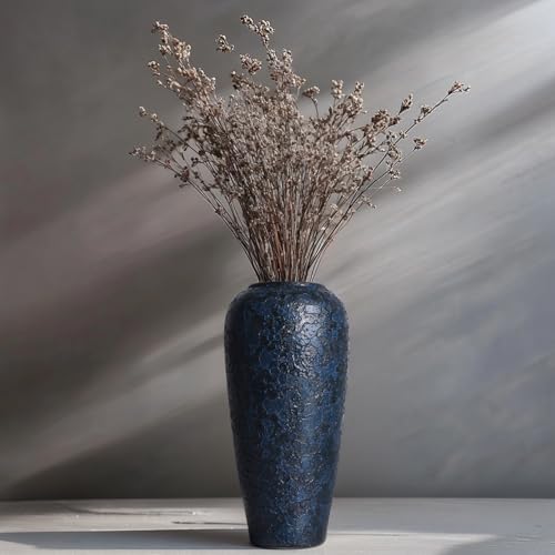 Blue Ceramic Vase, 13" Tall Rustic Terracotta, Blue Pampas Grass Vases, Large Vintage Centerpieces, Pottery for Home Decor, Living Room, Entryway, Table Centerpieces, Kitchen, Housewarming Gifts - size: 13 inches