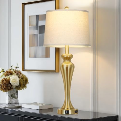 30 Inch Gold Single Table Lamp, 3-Way Dimmable Touch Control Bedside Lamps with USB A+C Ports and AC Outlet, Metal Brass Bedroom Lamps for Night stand, Modern Tall Lamp for Living room end table - color: Gold-1PK