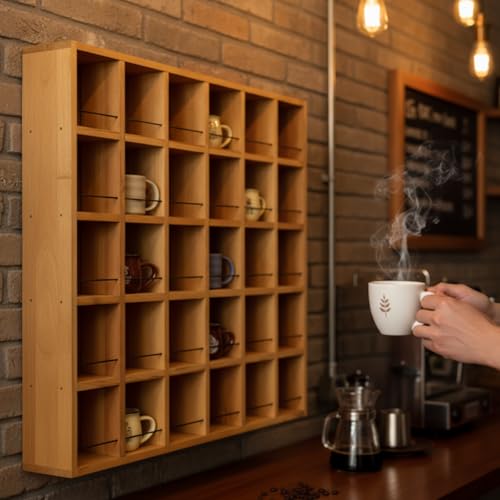 Kigley Oversize Coffee Mug Display Rack Wooden Shelves Rustic Shot Glass Display Case Travel Mug Shelf Wall Mounted Rack Holder Shadow Box (5 x 6,Light Nut-Brown) - color: Light Nut-brown, style: 5 x 6