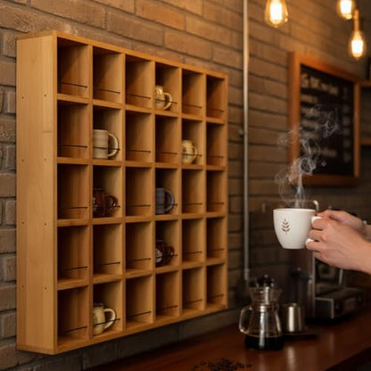Kigley Oversize Coffee Mug Display Rack Wooden Shelves Rustic Shot Glass Display Case Travel Mug Shelf Wall Mounted Rack Holder Shadow Box (5 x 6,Light Nut-Brown) - color: Light Nut-brown, style: 5 x 6