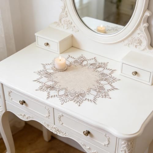 2 Pcs Lace Doily, 15" Round Neutral Earth Tones Beige Lace Coffee Table Topper Linen Style Tablecloth Placemats with Embroidery Edge for Dining Room - size: 15"