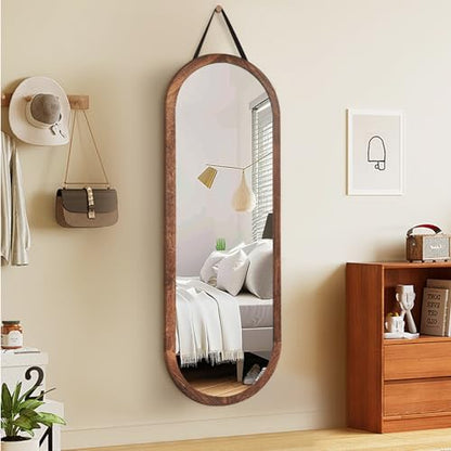 48x16in Oval Full Length Mirror Solid Wood Frame, Brown - color: Brown, size: 48"L x 16"W