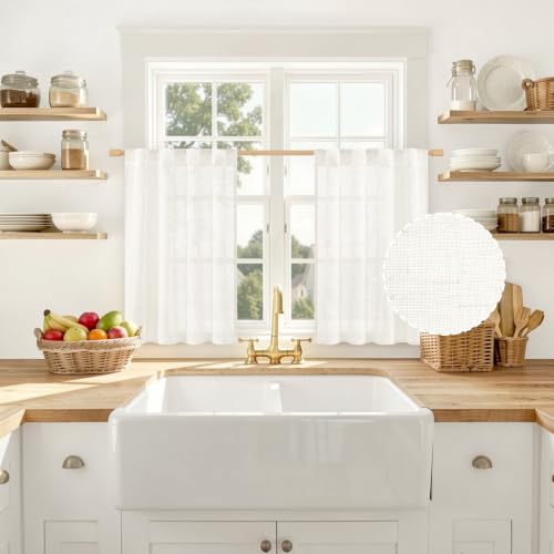 LAMIT 30 Inch Linen Cafe Curtains for Small Windows 2 Panels Set - color: Natural, size: 25"W x 30"L (Pack of 2)