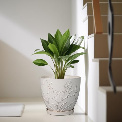 MPotTo 10 Inch Plant Pot, Ceramic Planter Pot, White - color: Butterflies and Flowers White