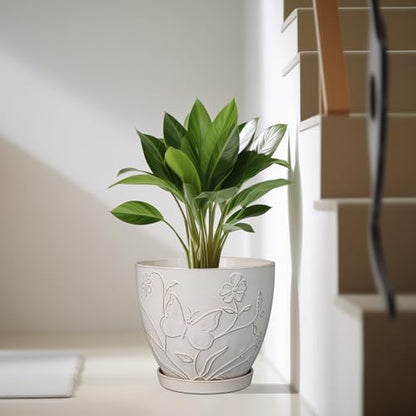 MPotTo 10 Inch Plant Pot, Ceramic Planter Pot, White - color: Butterflies and Flowers White