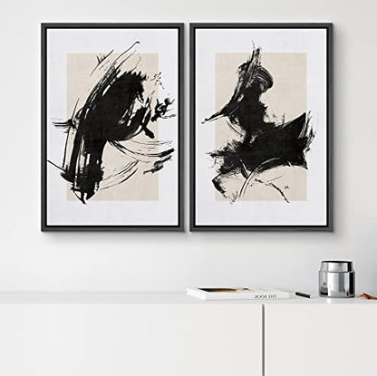 SIGNWIN Framed Canvas Print Wall Art Set Black Ink Paint Stroke & Brown Square Abstract Geometric Illustrations Graffiti & Street Art Modern Art for Living Room, Bedroom, Office - 16"x24"x2 Black - color: Ae16-2210-irs68, size: 16"x24"x2 Panels Black