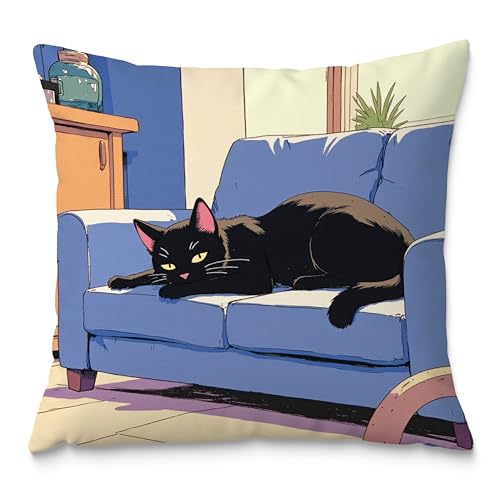 Vintage Black Cat Pillow Covers 18x18, Cats Lovers Lady Gifts, Cat Mom Grandma Gifts, Japanese Anime Black Cats Decorative Pillow Covers for Home Bedroom Living Room Office Decor - color: Style13