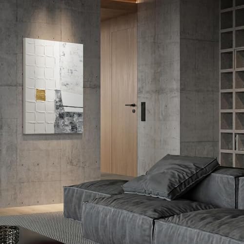 Modern Textured Abstract Blocks Wall Art, Gray White Oil Painting Artwork - color: White and Gray, size: 24"L x 36"W