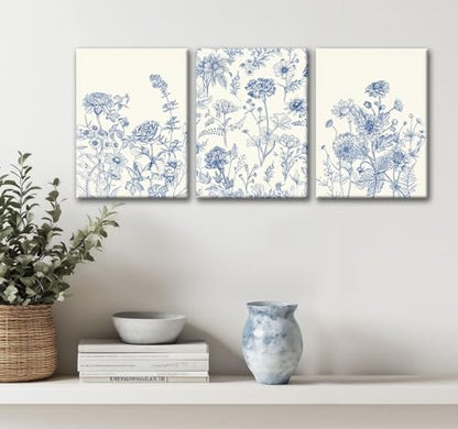 Blue Botanical Canvas Wall Art, 3 Piece Gallery Wrapped Set, 16x24 Inch - color: Blue flowers and grass, size: 16x24 inch