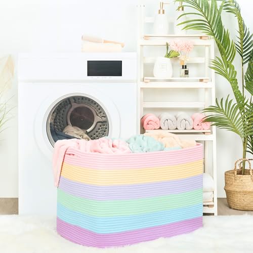 MINTWOOD Design 112L Extra Large Blanket Basket Holder Living Room, 25"x17"x16" Rectangle Rope Woven Storage Basket with Handles for Laundry, Towels, Shoes, Dog Toy Organizer Bin Box, Pastel Rainbow