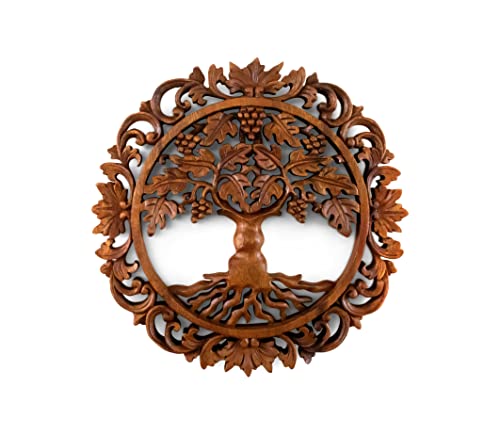 G6 Collection 12" Wooden Hand Carved Tree of Life Wall Art Relief Panel Handcrafted Wall Plaque Gift Home Decor Accent Handmade Wood Decoration Rustic Artwork Floral (Grapevine)