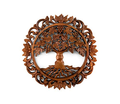 G6 Collection 12" Wooden Hand Carved Tree of Life Wall Art Relief Panel Handcrafted Wall Plaque Gift Home Decor Accent Handmade Wood Decoration Rustic Artwork Floral (Grapevine)