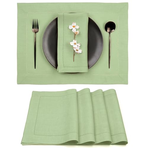 Signature Linen™ by D'Moksha, Sage Green Placemats Set of 4, 14 x 19 Inch, 100% Pure Linen Table Mats, Hemstitch, Machine Washable Cloth Placemats- Fall, Weddings, Outdoor Hosting - color: Sage Green, size: Set of 4 (14 X 19 Inch)