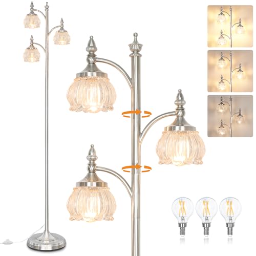 JUNNAI Brushed Nickel Floor Lamps for Living Room Silver Flower Standing Lamp with 3 Brightness Lights Glass Shades 66.5in Lamp for Bedroom Office(3LED Bulbs Included) - color: Silver-2