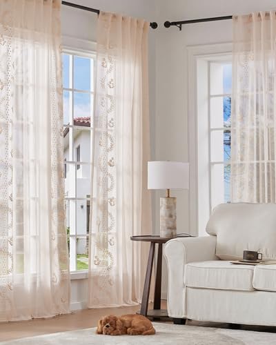 jinchan Floral Linen Curtains, Back Tab 50x84 Inch, 2 Panels Beige - color: S | Beige, size: 50"W x 84"L (Pack of 2)
