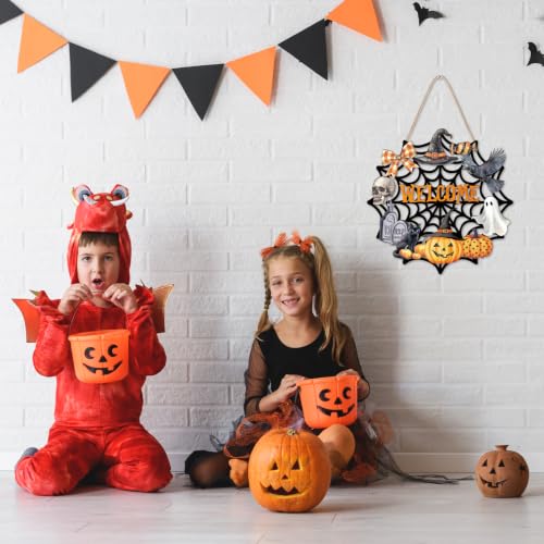 Halloween Front Door Decor, Wooden Hanging Wreath for Party & Holiday Gift
