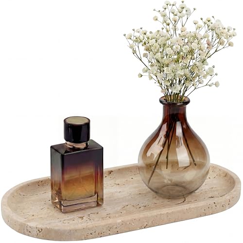 YKAJO Natural Travertine Beige Oval Marble Tray, 11.8x5.9 Vanity Organizer - color: Natural Travertine Beige, size: 11.8" x 5.9" x 0.6"