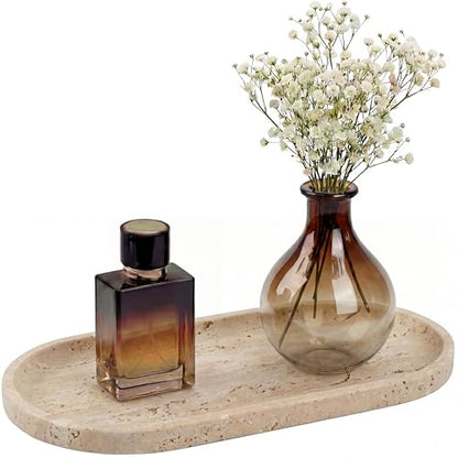 YKAJO Natural Travertine Beige Oval Marble Tray, 11.8x5.9 Vanity Organizer - color: Natural Travertine Beige, size: 11.8" x 5.9" x 0.6"