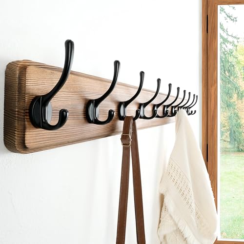 Dseap Wall Mounted Coat Rack: 38-1/4" Long, Patented, Heavy-Duty, 10-Double-Hooks Wooden Hanger Rail for Winter Coats, Hats, Jackets, Clothing - Natural & Black, Pack of 2 - color: Natural & Black, size: L=38.3"(2pcs)