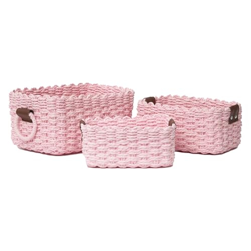 Woven Paper Rope Wicker Basket for Organizing(Set of 3,Pink) - color: Pink