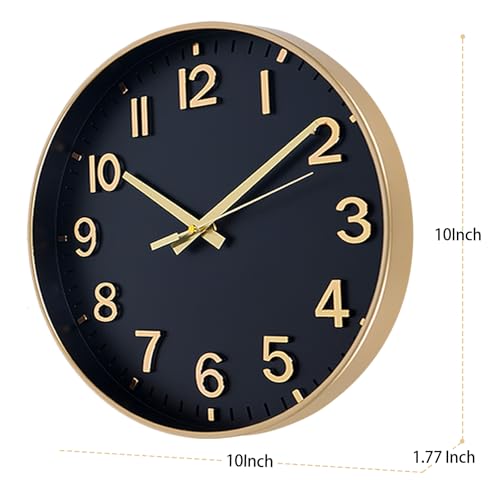 10 Inch Wall Clock Battery Operated Silent Non Ticking Clock Black Gold Modern Round Wall Clock with 3D Numbers Decorative for Kitchen Bedroom Living Room Office Classroom - color: Black Gold, size: 10 inch