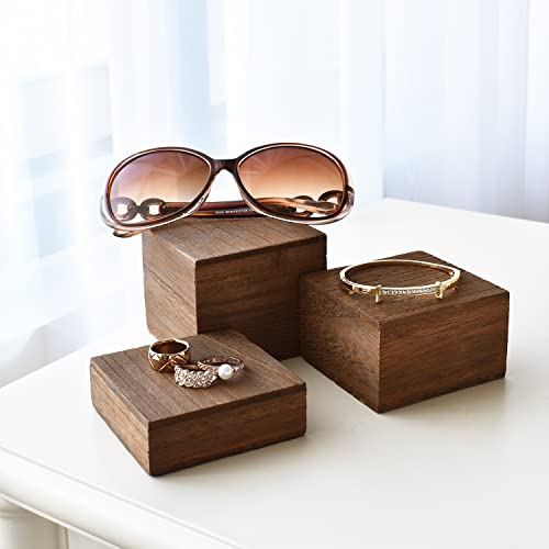 MOOCA Wooden Display Risers Set - 3 Different Height Stands, Brown