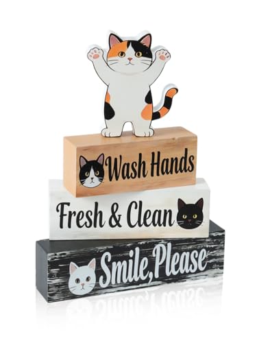 4 Pcs Cat Bathroom Decor Sign, Wooden Tabletop Decor for Bathroom - size: Cat wash hands