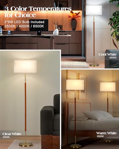 ELYONA Floor Lamp for Bedroom 2-Light Wood Standing Lamp White Fabric Shade Mid Century Modern Tall Pole Corner Light for Living Room Office 3 Color Temperatures 9W LED Bulbs Include, Brushed Brass - color: Brushed Brass