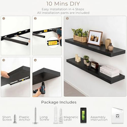 Vivelove Black Floating Shelves for Wall 40 Inch 8 Deep, Set of 2 - color: Black, size: 40"Wx8"Dx1.4"H