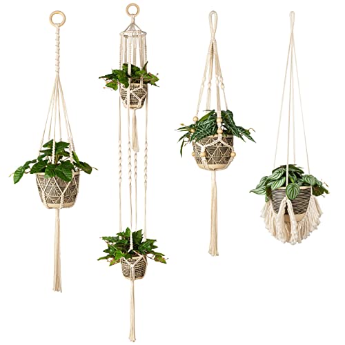 Macrame Plant Hanger Indoor Set of 4, Bohemian Hanging Planter with Tassels - color: Beige