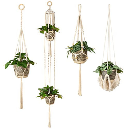 Macrame Plant Hanger Indoor Set of 4, Bohemian Hanging Planter with Tassels - color: Beige