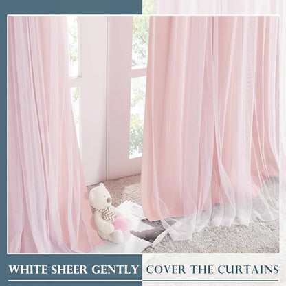 Blush Pink Blackout Curtains with White Sheer Overlay for Girls Bedroom - color: Blush Pink, size: 52"W x 63"L (Pack of 2)
